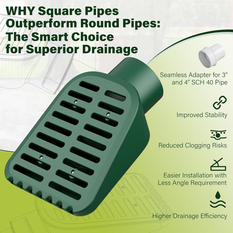 Debialo 4in. Grate Yard Drain, Yard Drain Emitter for Sump Pump Discharge & Downspout Extensions, 10" W x 11.5" L x 4.7" H, Protects Foundation, Prevents Standing Water – Includes 3" & 4" SCH 40 Pipe Adapter - Image 5